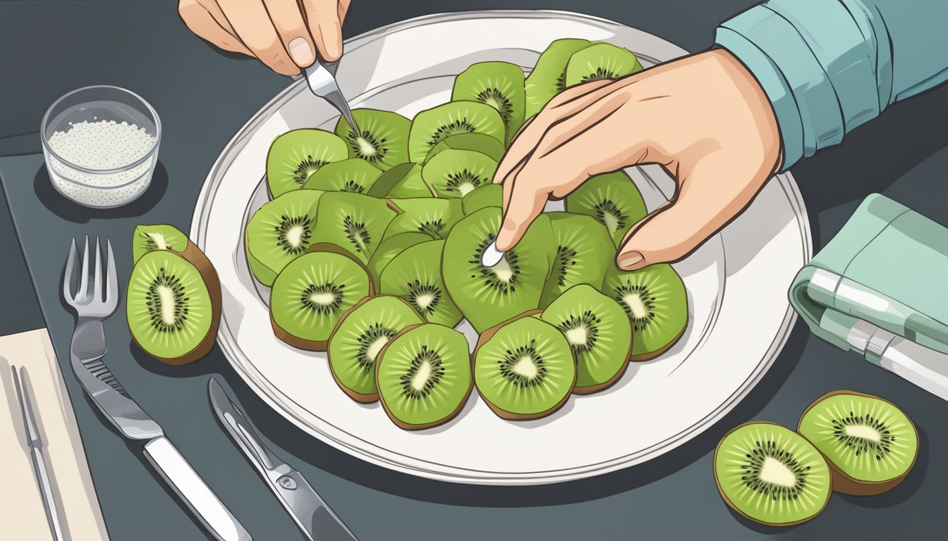 A diabetic person carefully counting and arranging a portion of kiwis on a plate