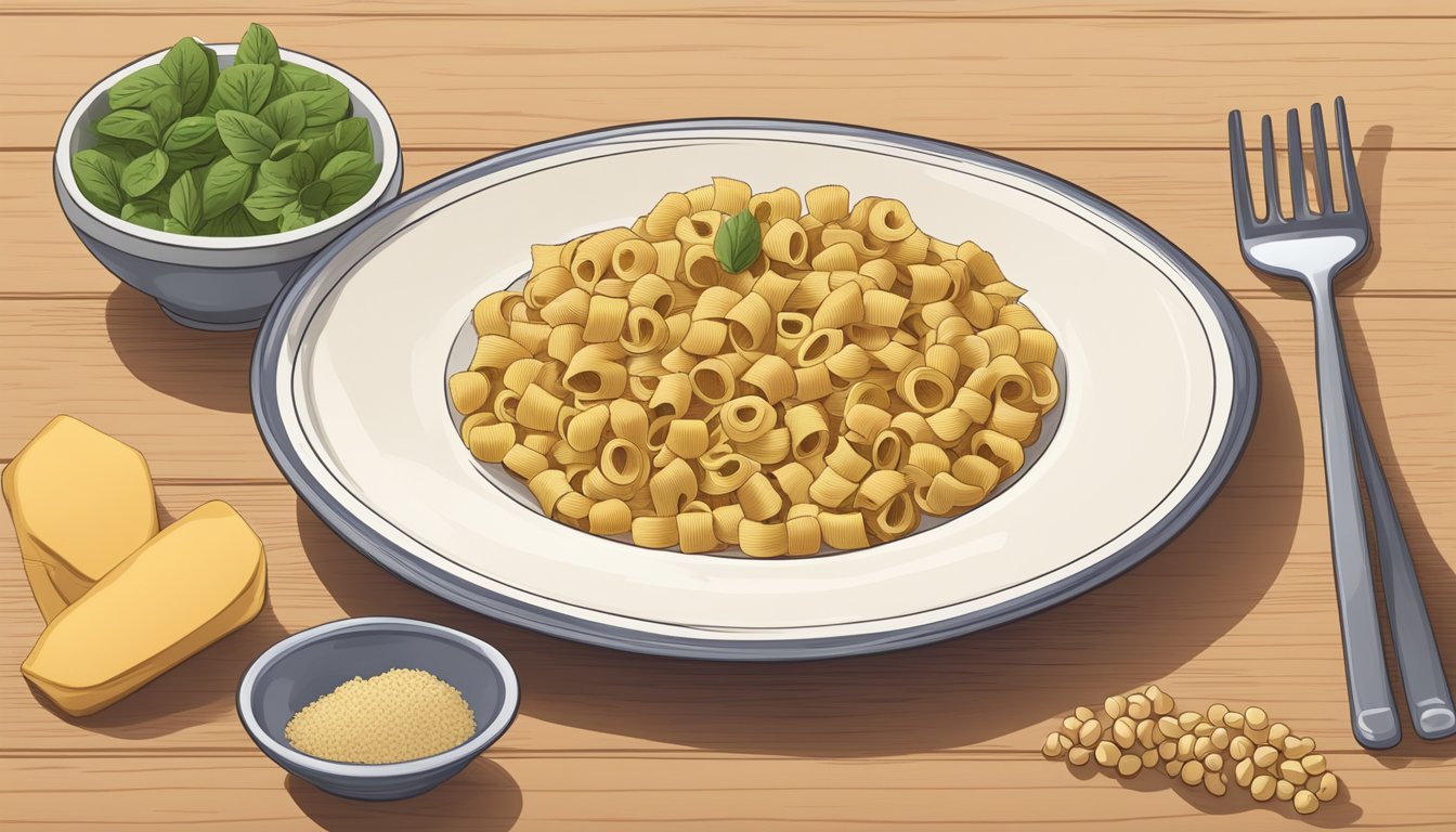 A plate with measured portions of chickpea pasta, a measuring cup, and a diabetic diet guide