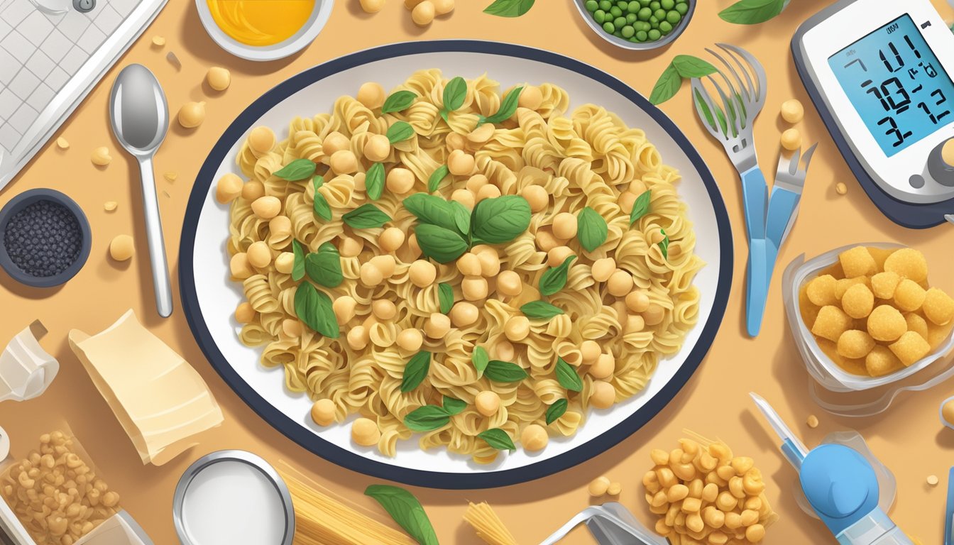 A plate of chickpea pasta with a measuring cup beside it, surrounded by various food items and a diabetes monitoring kit