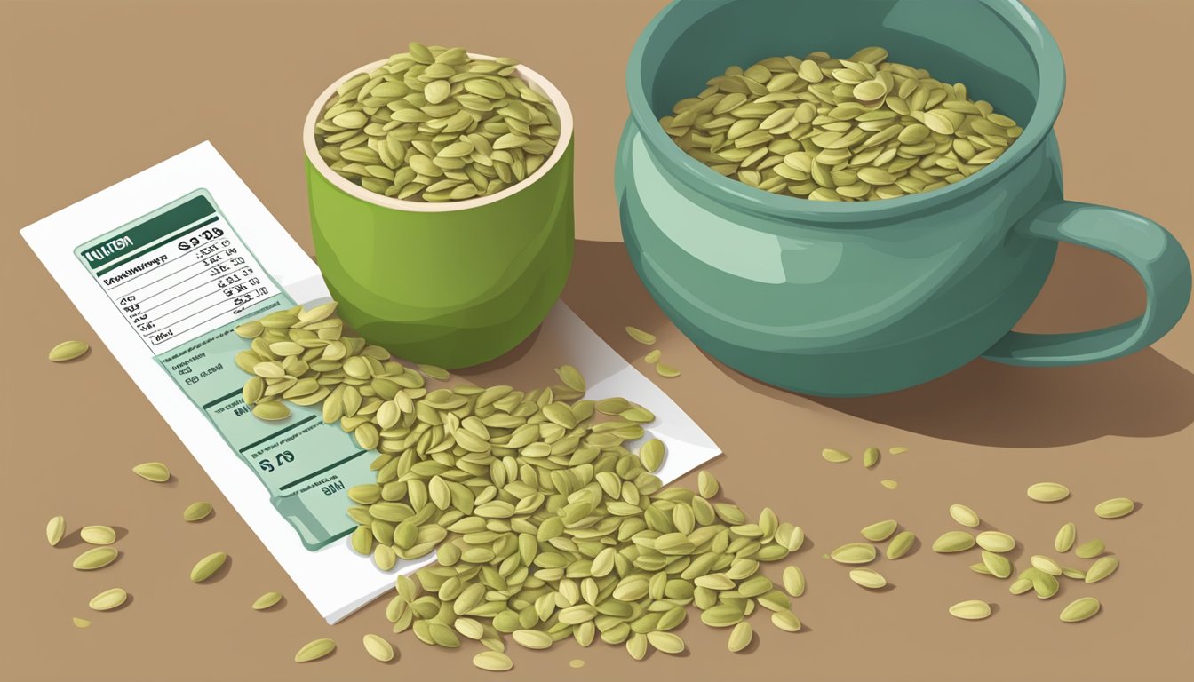 A small pile of pumpkin seeds next to a measuring cup and a nutrition label