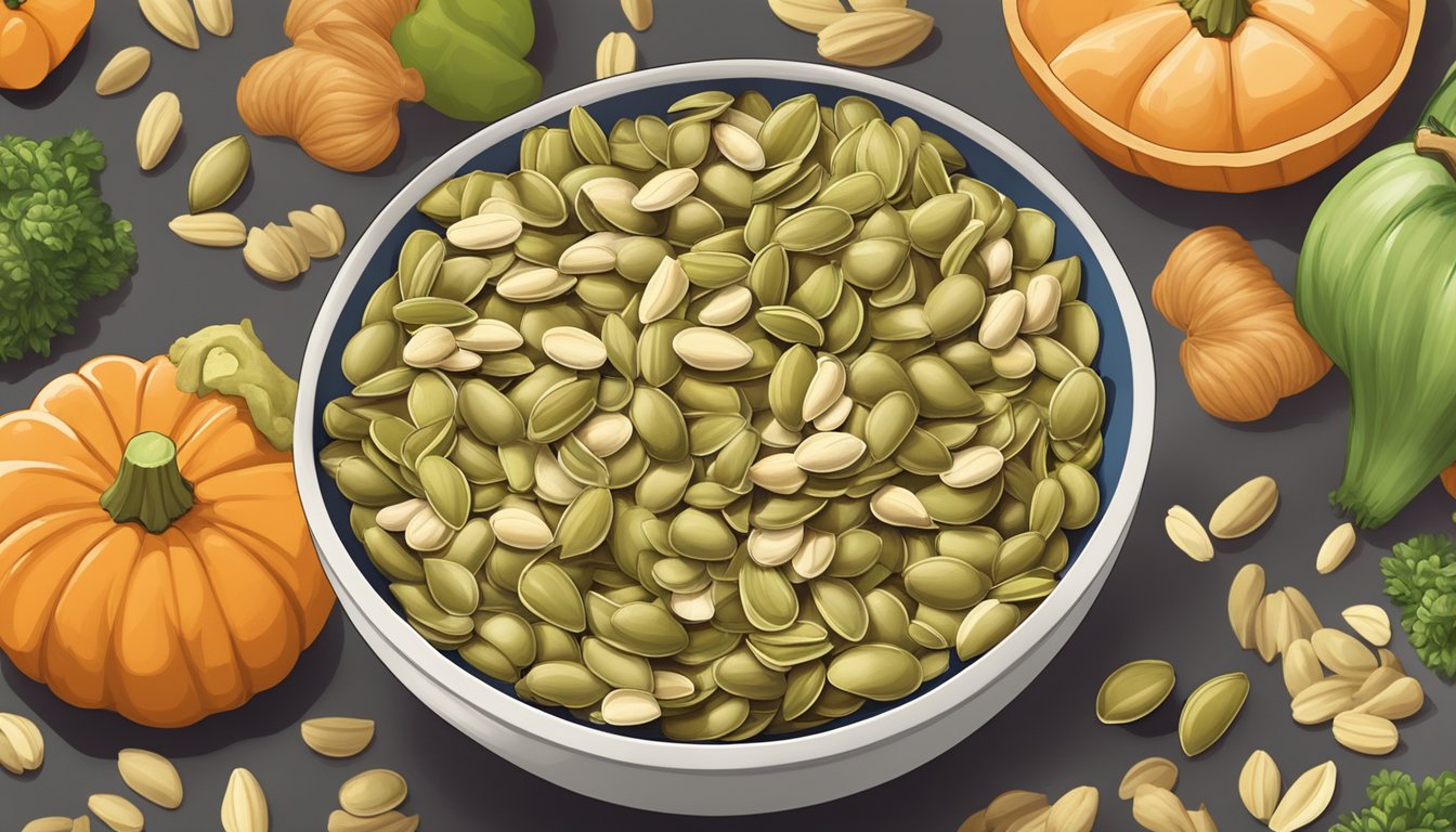 A bowl of pumpkin seeds spilling out onto a table, surrounded by various fruits and vegetables