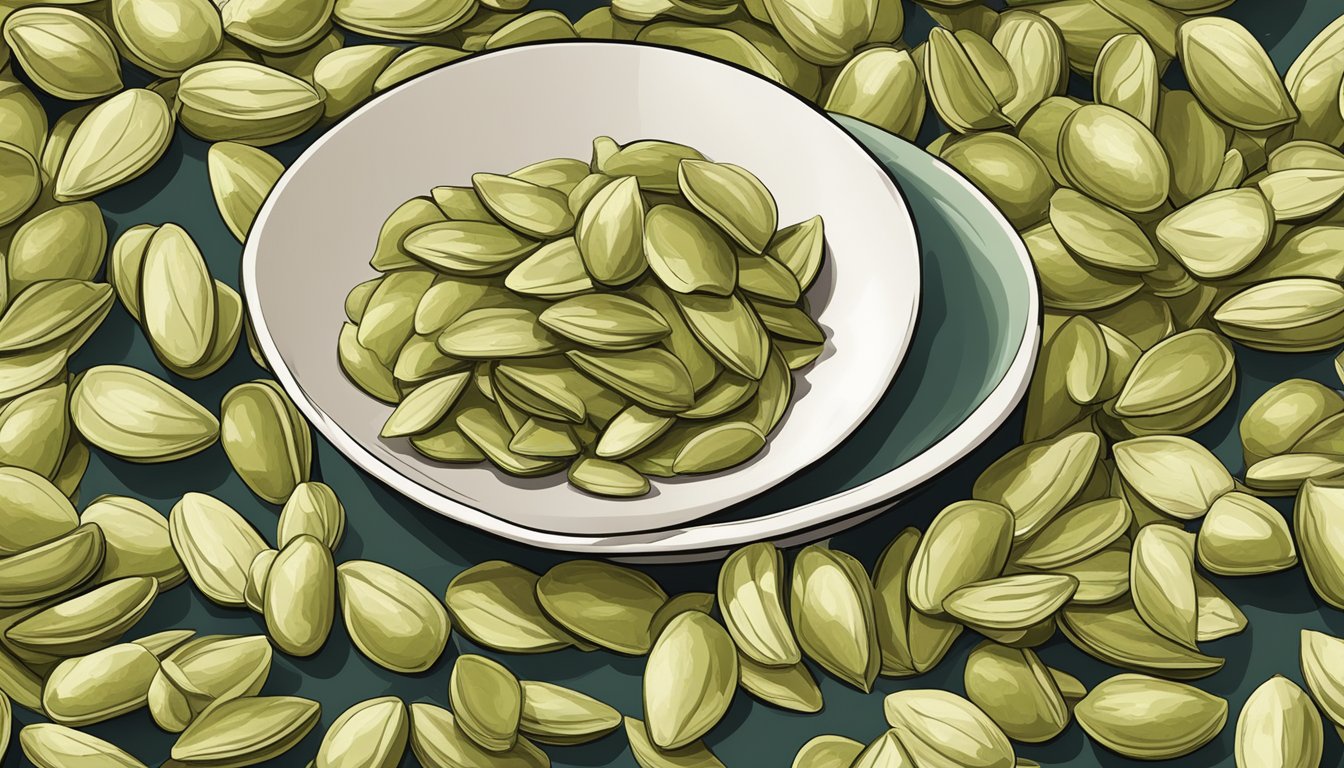 A small pile of pumpkin seeds arranged on a plate next to a measuring cup