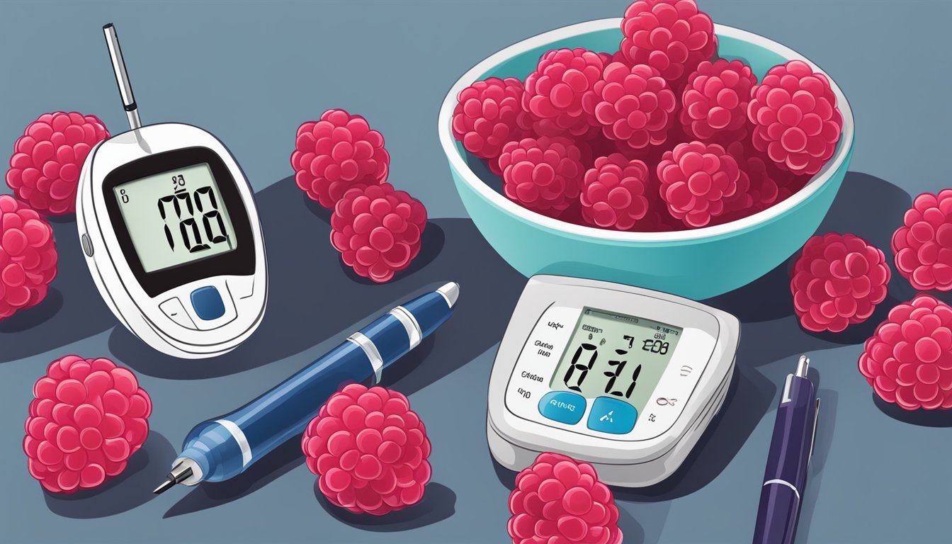 A bowl of raspberries next to a blood glucose monitor and insulin pen