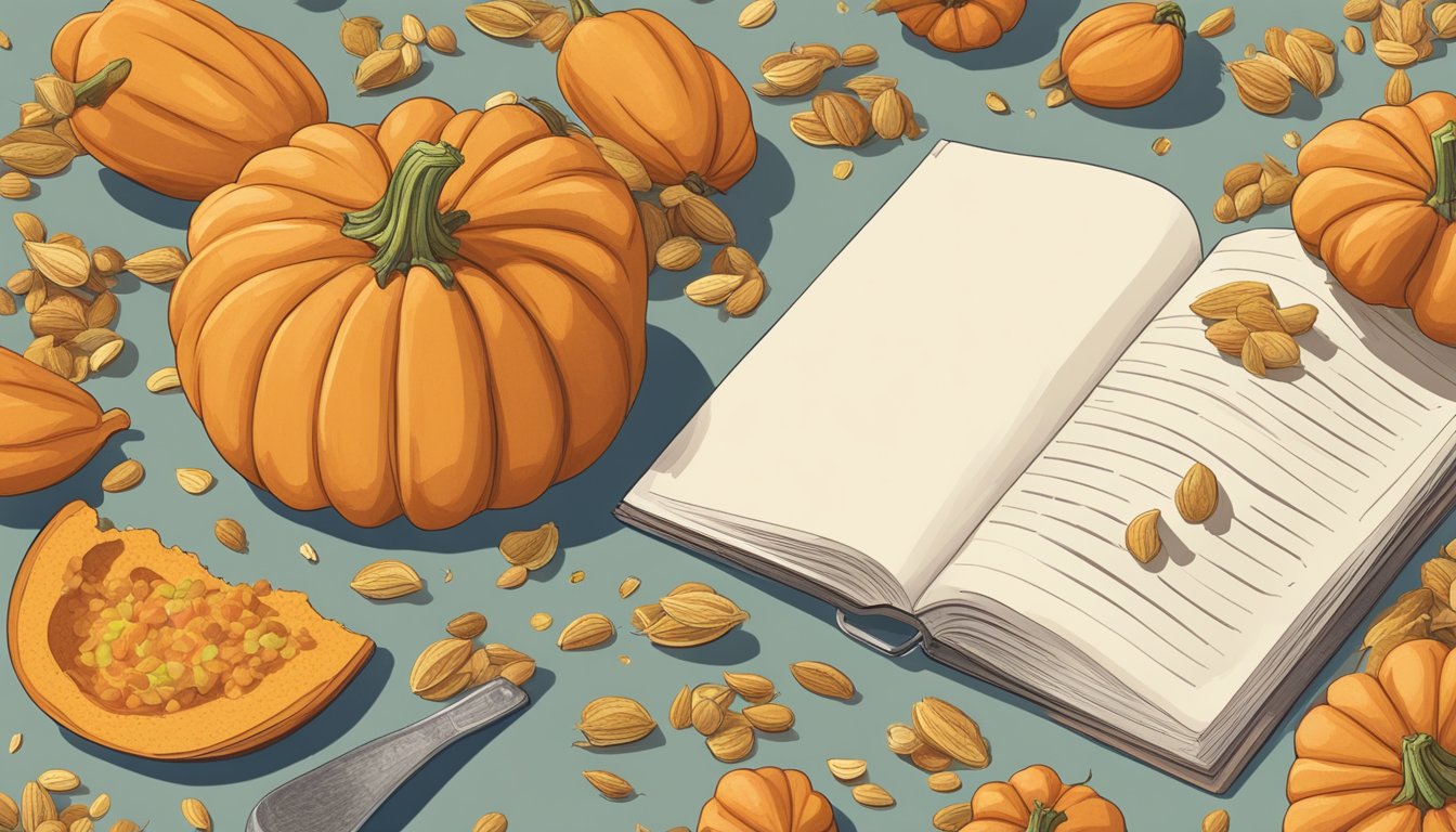 A pile of pumpkins with scattered seeds, a measuring cup, and a diabetic-friendly cookbook open to a page about portion control