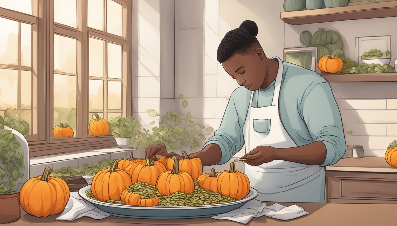 A person with diabetes carefully counting and portioning out pumpkin seeds onto a plate