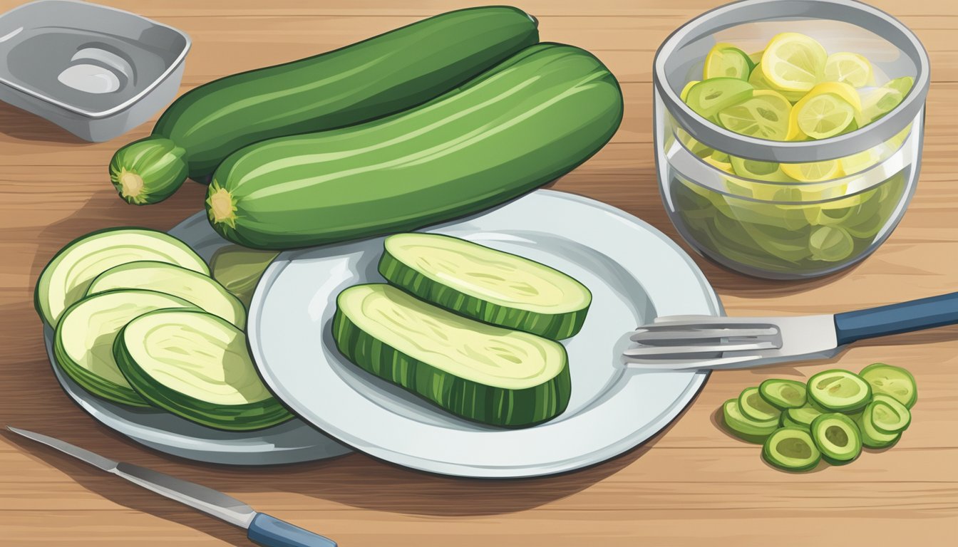 A plate of sliced zucchini with a measuring cup next to it, indicating portion size for a diabetic