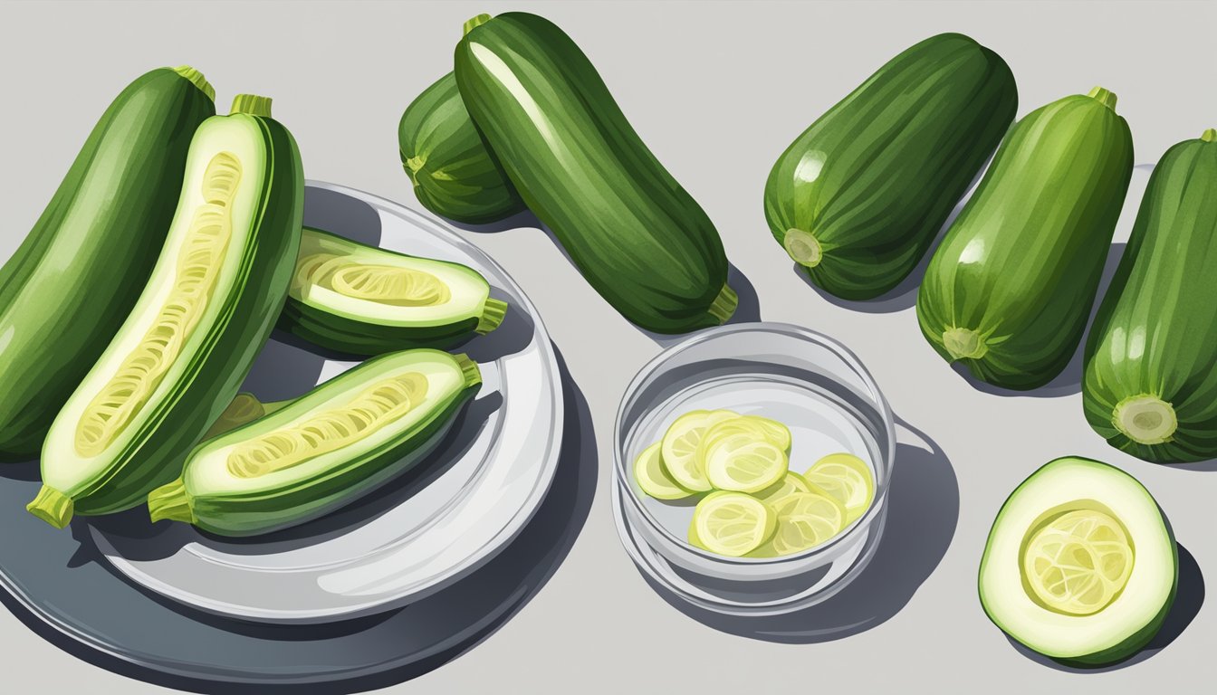 A plate of sliced zucchini with a measuring cup next to it