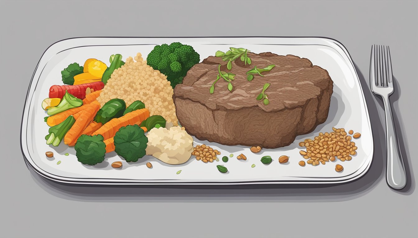 A plate of lean lamb with a variety of colorful vegetables and a small portion of whole grains, placed on a clean and simple table setting