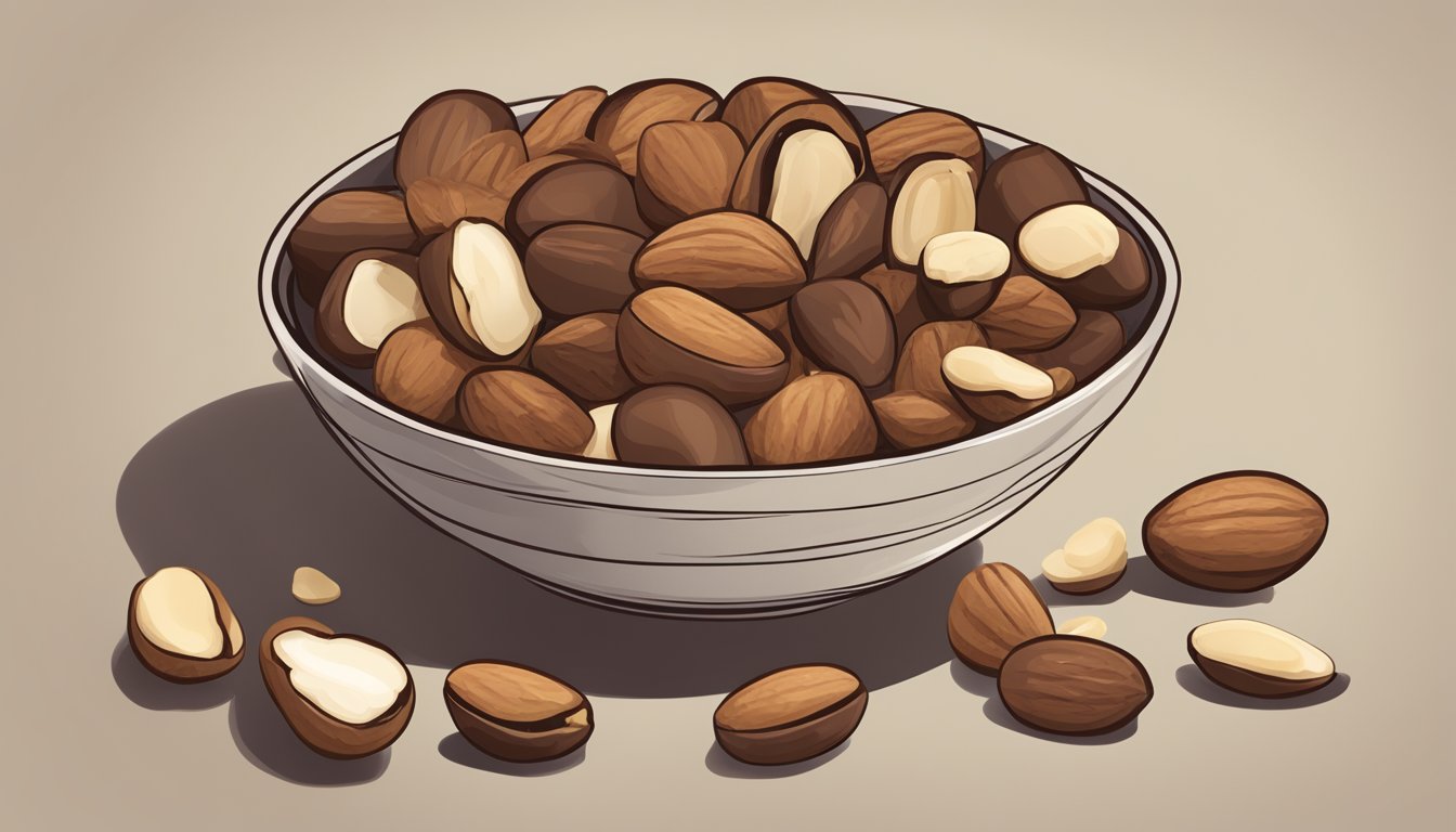 A bowl of Brazil nuts with a diabetic-friendly portion of nuts separated from the rest