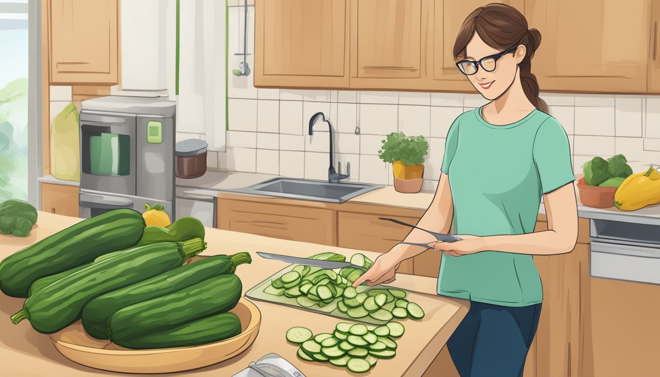 A person with type 2 diabetes measuring and slicing zucchini for a meal, with a nutrition guide in the background