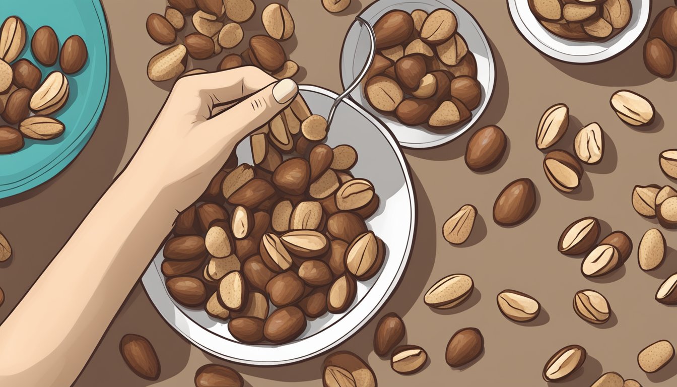 A diabetic carefully measuring out a small portion of Brazil nuts for a healthy snack