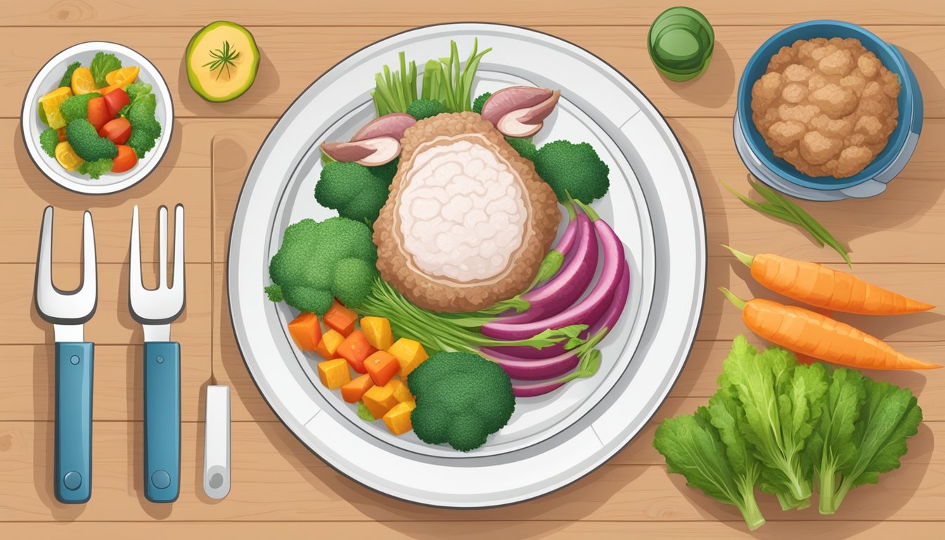 A plate with a portion of lean lamb, surrounded by colorful vegetables and a measuring scale nearby