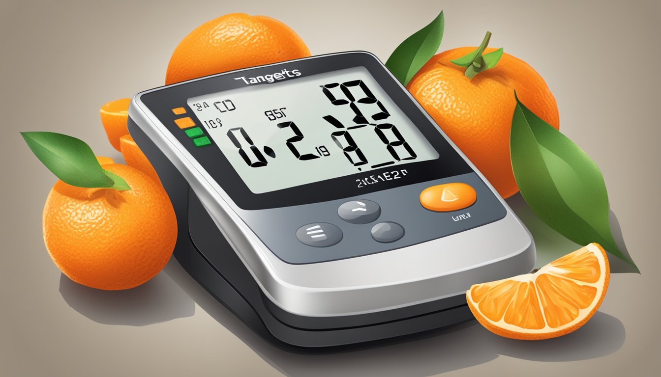 A diabetic measuring tangerines with a blood glucose monitor nearby