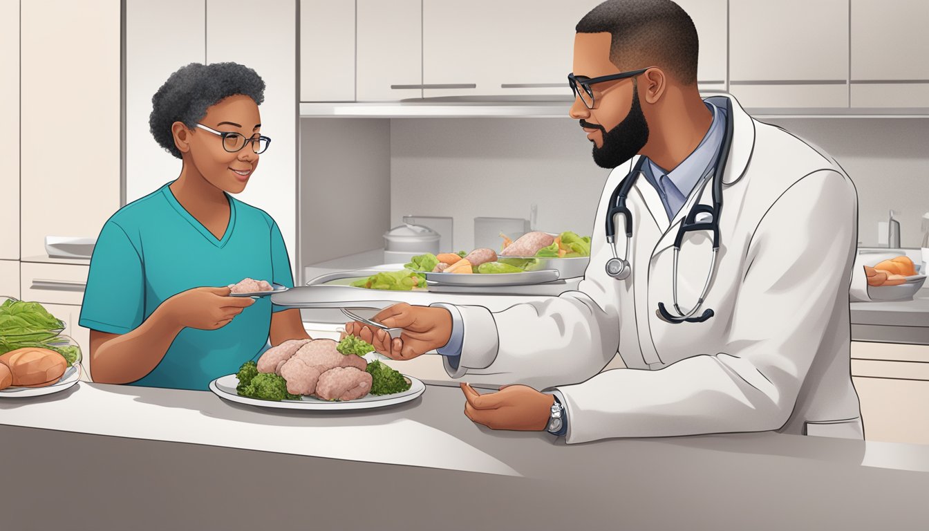 A healthcare professional discussing portion sizes of lean lamb with a diabetic patient