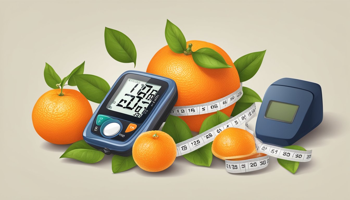 A tangerine surrounded by a measuring tape and a blood glucose monitor