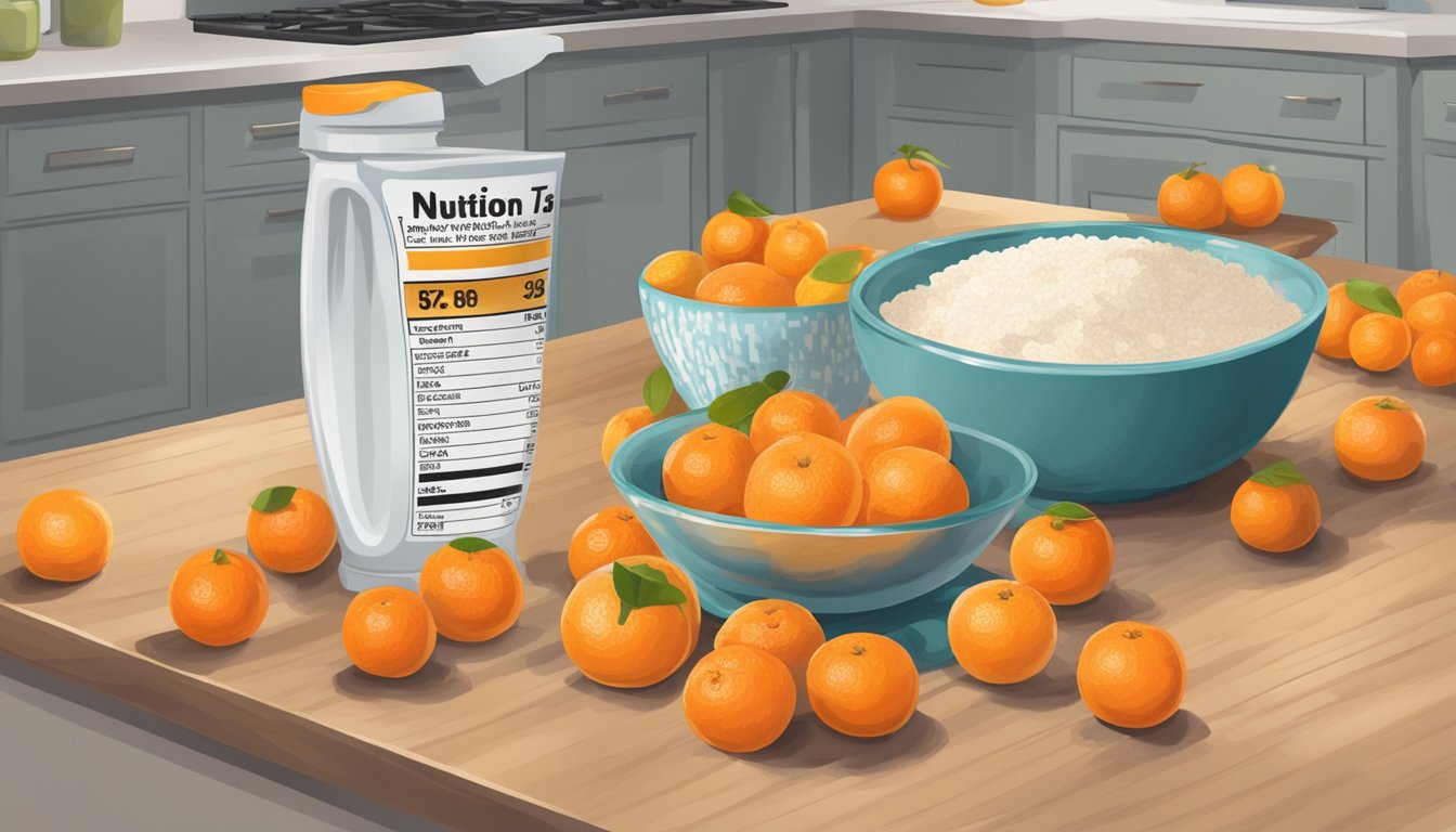 A bowl of tangerines on a kitchen counter, next to a measuring cup and a nutrition label