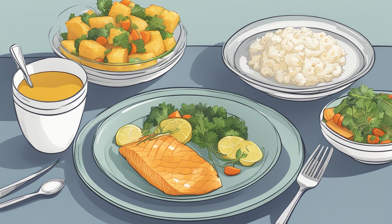 A plate with a portion of cod, a measuring tool, and a diabetes-friendly meal plan chart on a table