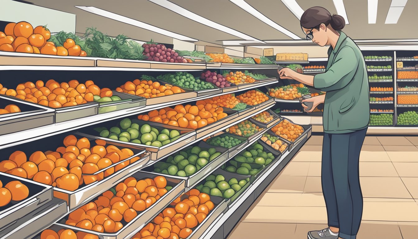 A person with diabetes carefully selecting and counting tangerines in a grocery store