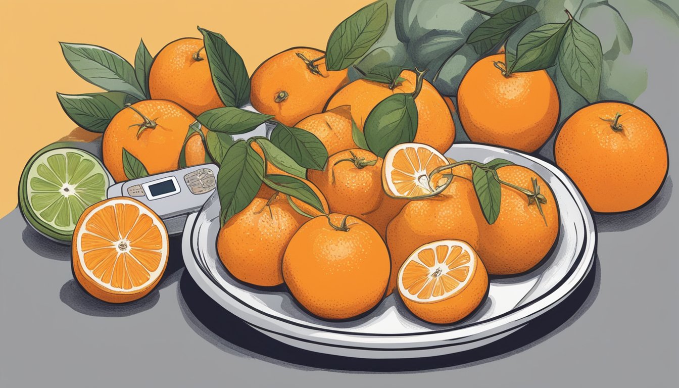 A bowl of tangerines surrounded by a variety of other fruits, with a person holding a blood glucose monitor in the background