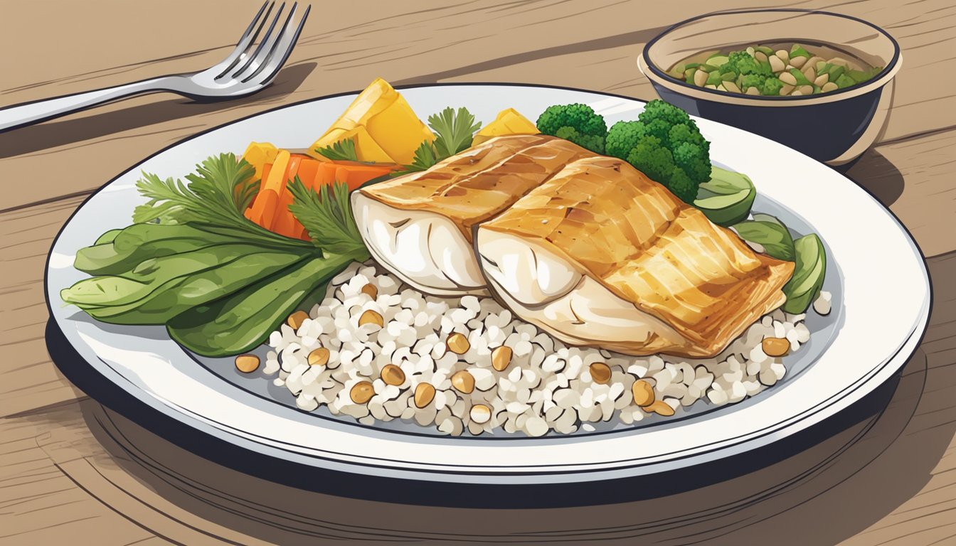 A plate with a portion of cooked cod, accompanied by a variety of colorful vegetables and a small portion of whole grain rice