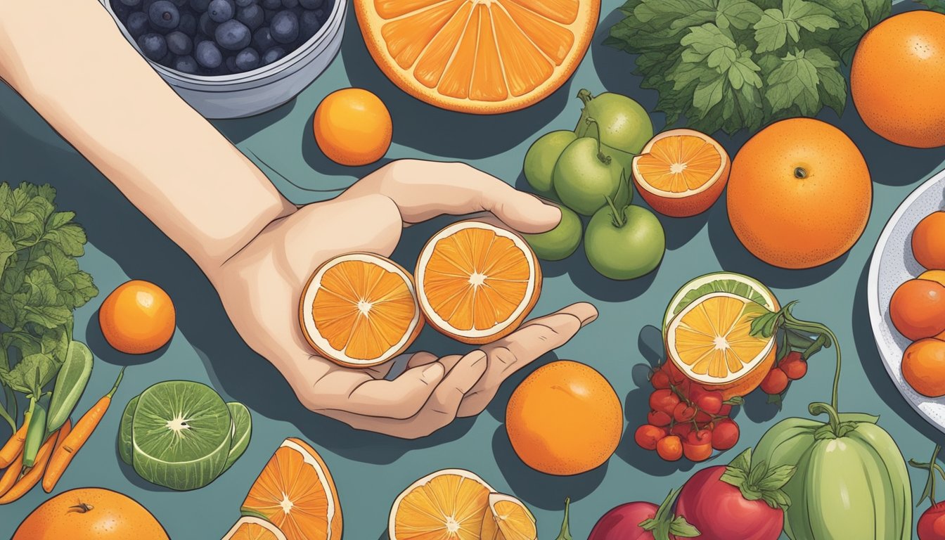 A diabetic's hand reaching for a tangerine, surrounded by a variety of fruits and vegetables on a kitchen counter