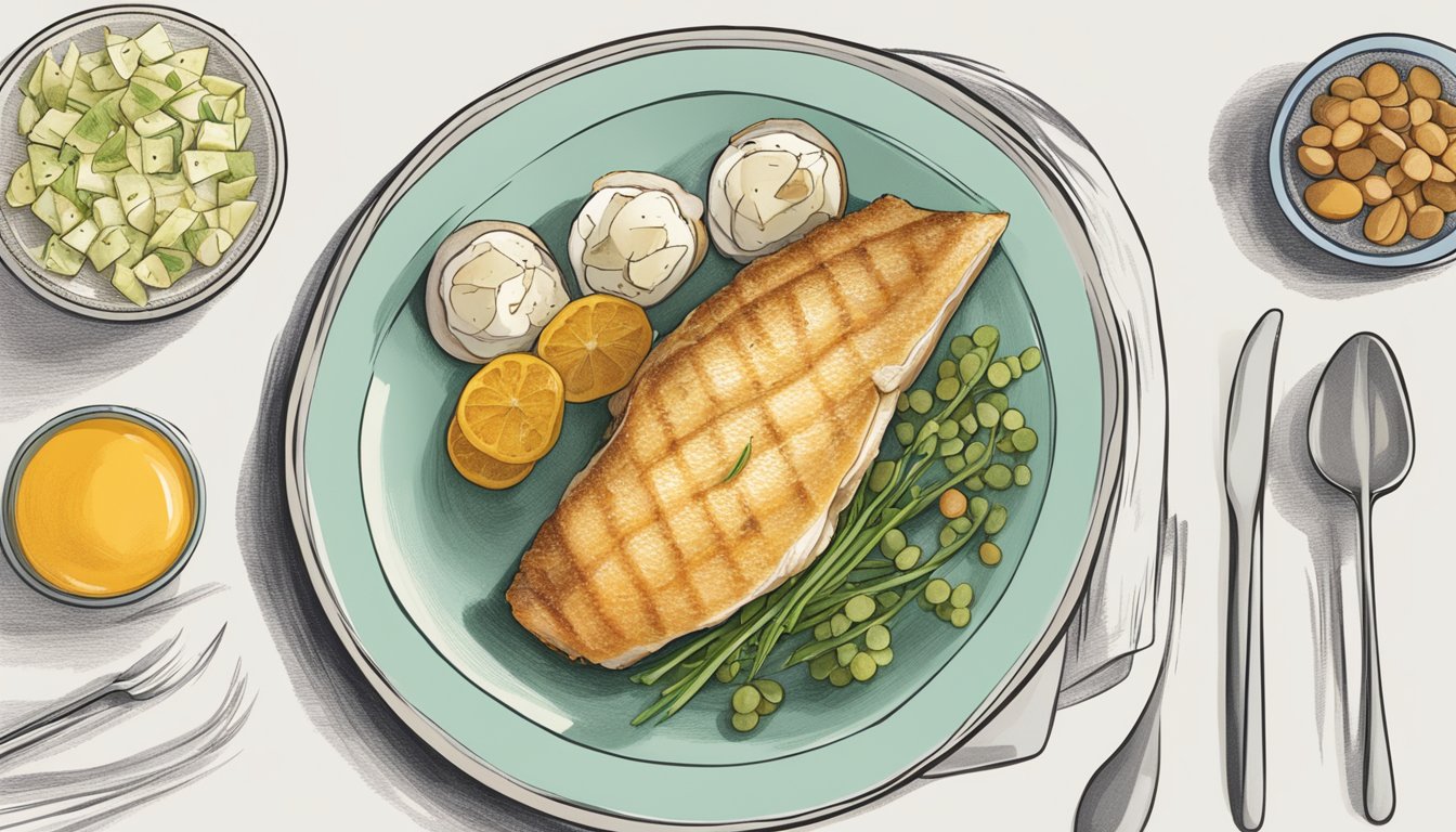 A plate with a small portion of cod next to a list of foods to limit and avoid in diabetes