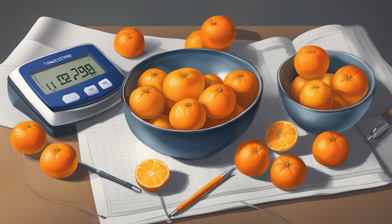 A bowl of tangerines on a table, alongside a glucometer and insulin pen