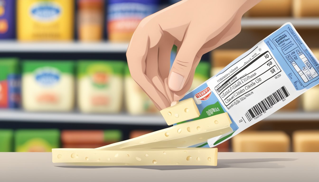 A diabetic hand reaching for one piece of string cheese from a package, with a nutrition label in the background