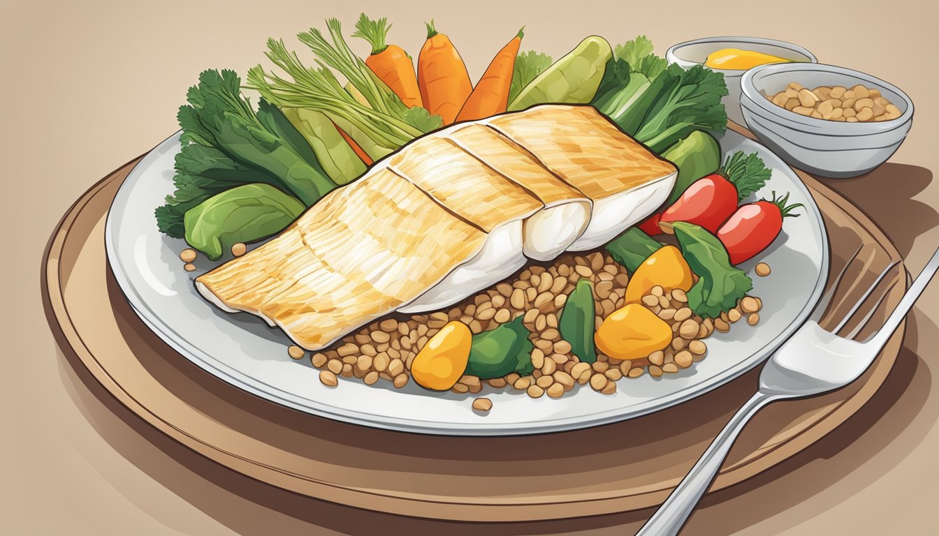 A plate with a portion of cooked cod, surrounded by colorful vegetables and a side of whole grains