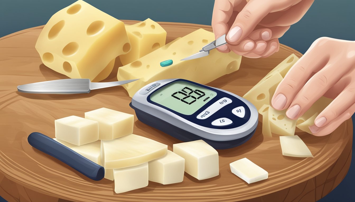 A diabetic carefully measures out a portion of string cheese on a cutting board, surrounded by a measuring cup and a blood glucose monitor