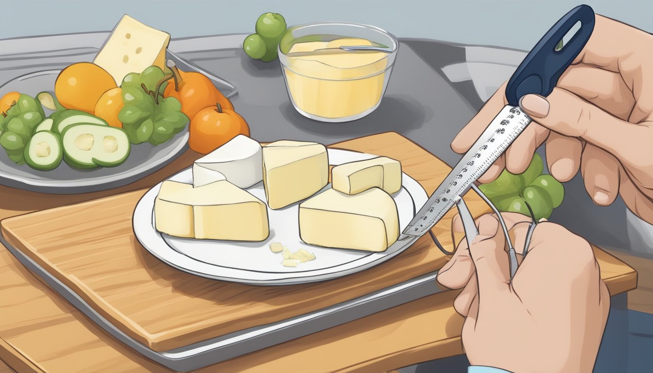 A diabetic portioning out string cheese onto a plate, with a measuring tool nearby for portion control