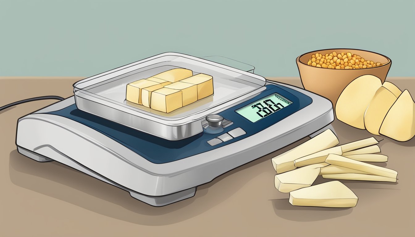 A diabetic measuring out portions of string cheese with a food scale