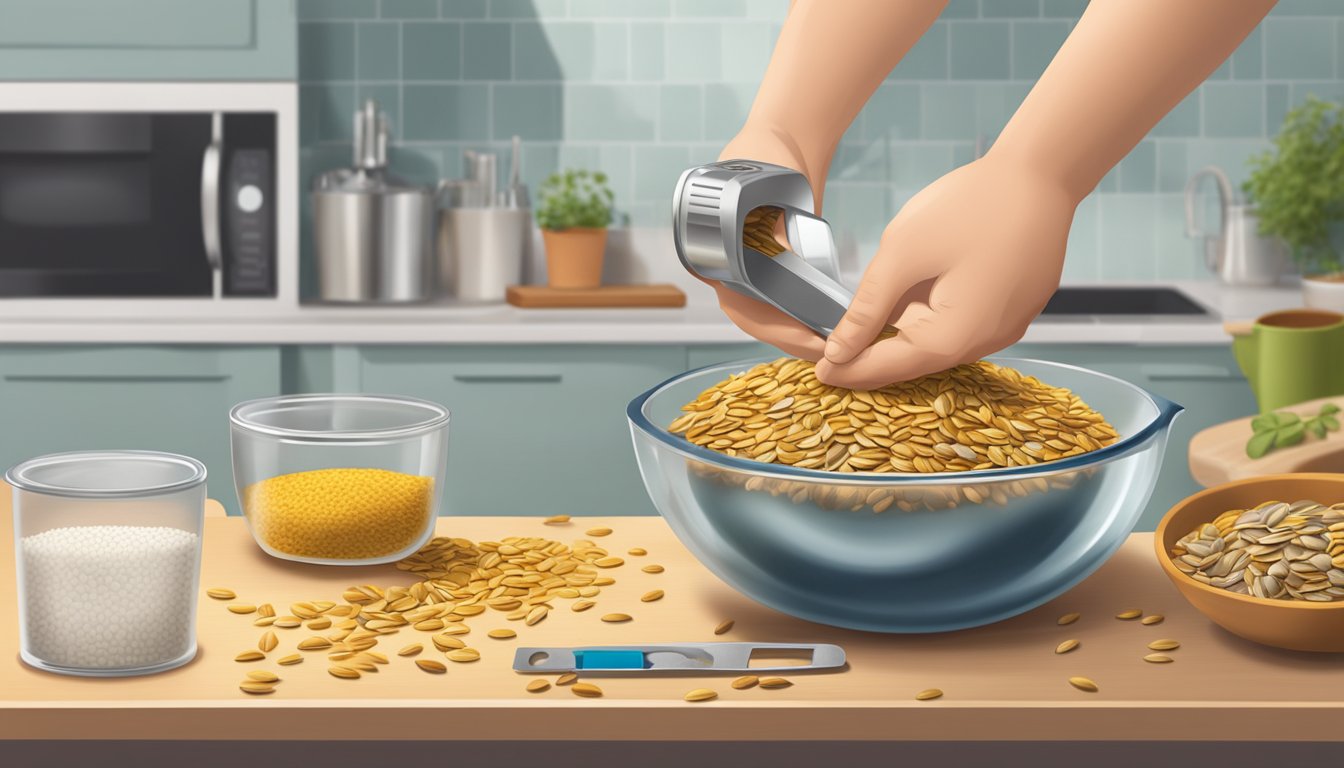 A diabetic measuring out a portion of sunflower seeds with a measuring cup on a kitchen counter