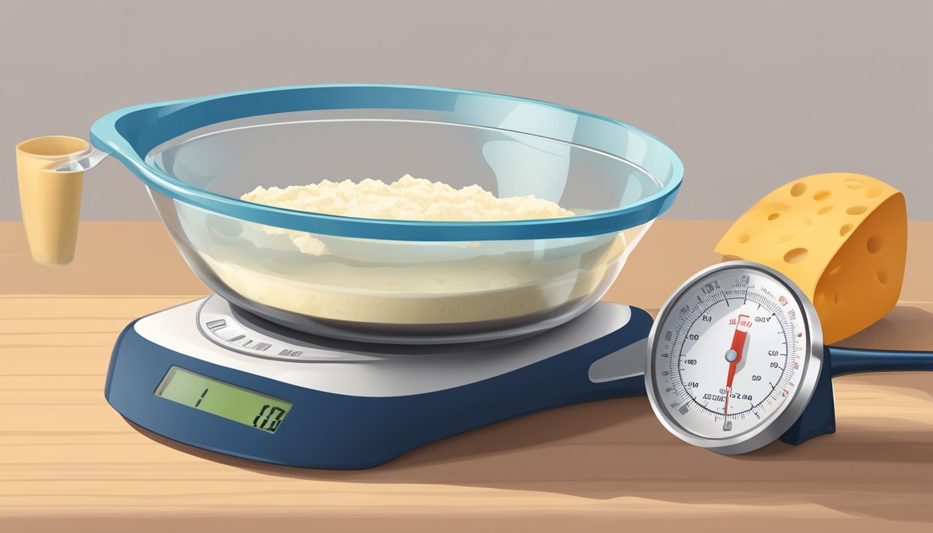 A diabetic measuring ricotta cheese portion with a measuring cup on a kitchen scale