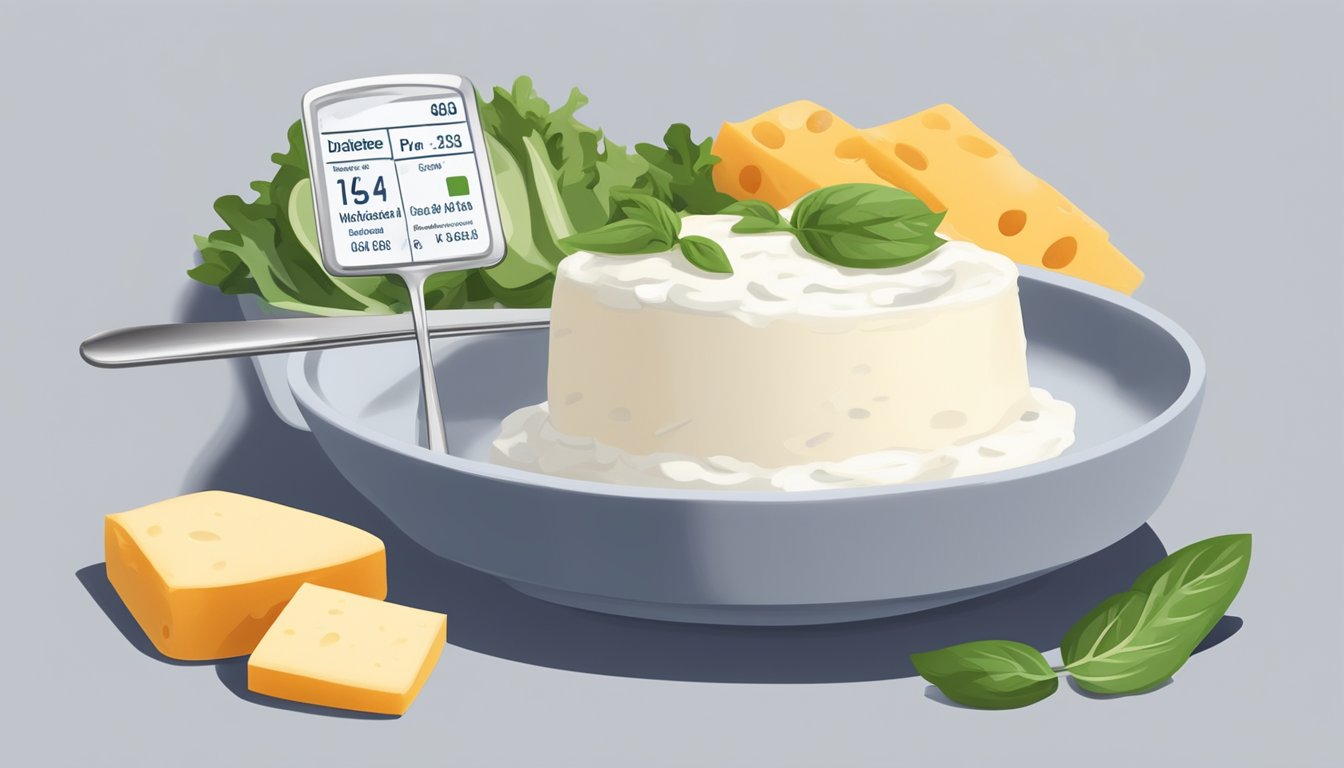 A plate with a measured portion of ricotta cheese next to a diabetes-friendly meal, with a measuring cup and a nutrition label visible