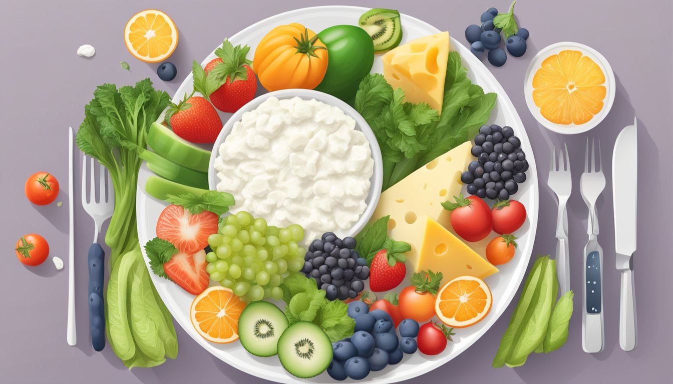 A plate with measured portions of ricotta cheese and a diabetic-friendly alternative, surrounded by fresh fruits and vegetables