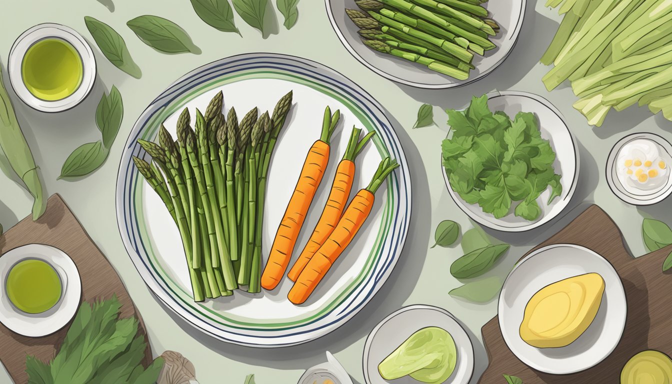 A plate with a portion of asparagus next to other vegetables, with a diabetic-friendly portion size highlighted