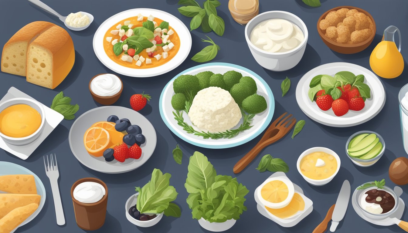 A diabetic-friendly meal with a measured portion of ricotta cheese alongside a variety of other healthy food options