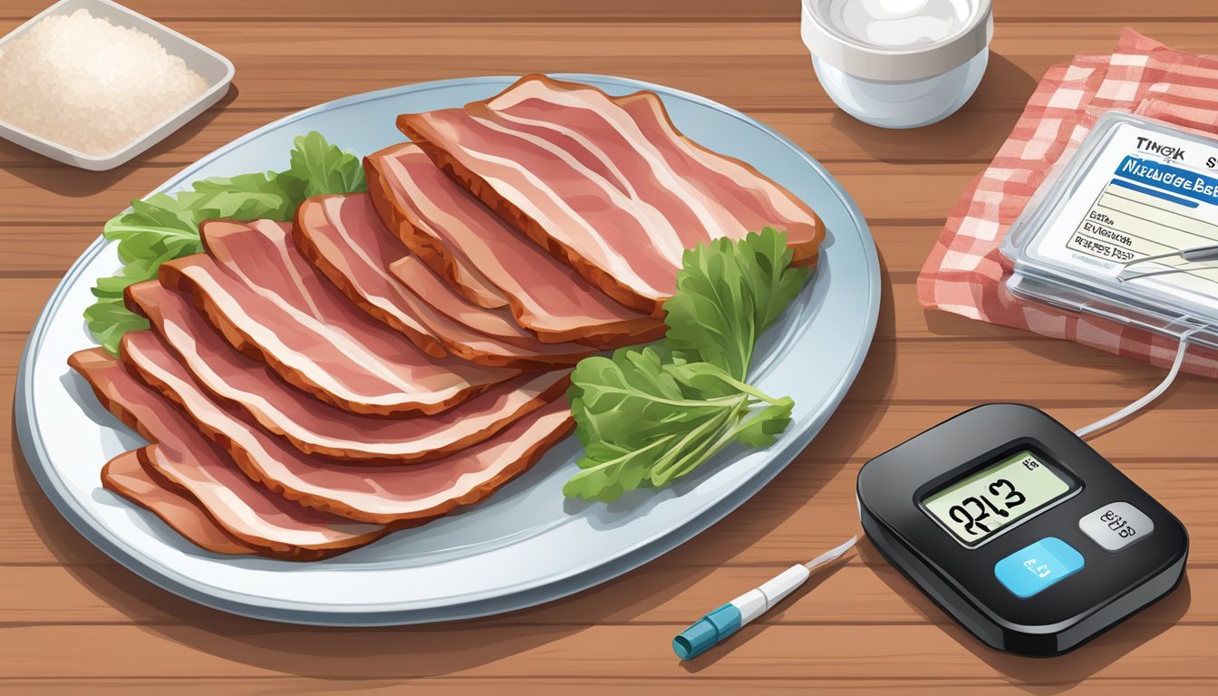 A plate with a measured portion of turkey bacon, a nutrition label, and a blood sugar monitor