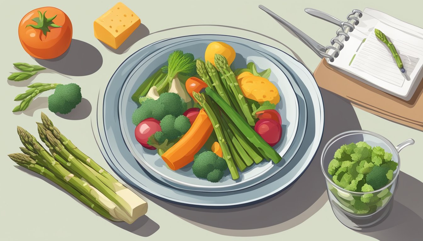 A plate with a variety of colorful vegetables, including a moderate serving of asparagus, next to a measuring cup and a nutrition guide