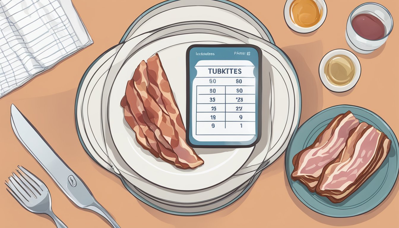 A plate with a moderate portion of turkey bacon next to a measuring cup and a diabetes-friendly food guide