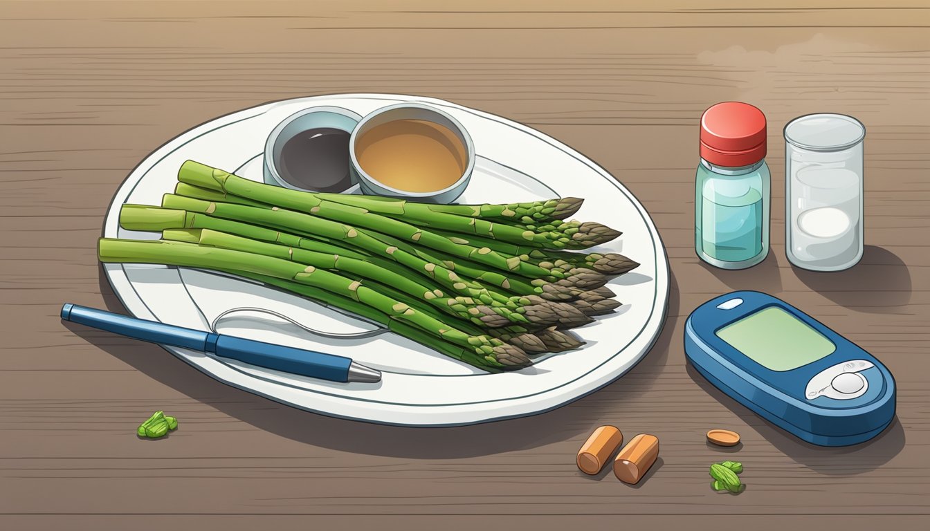 A plate of asparagus with a blood glucose monitor and a diabetes medication bottle nearby