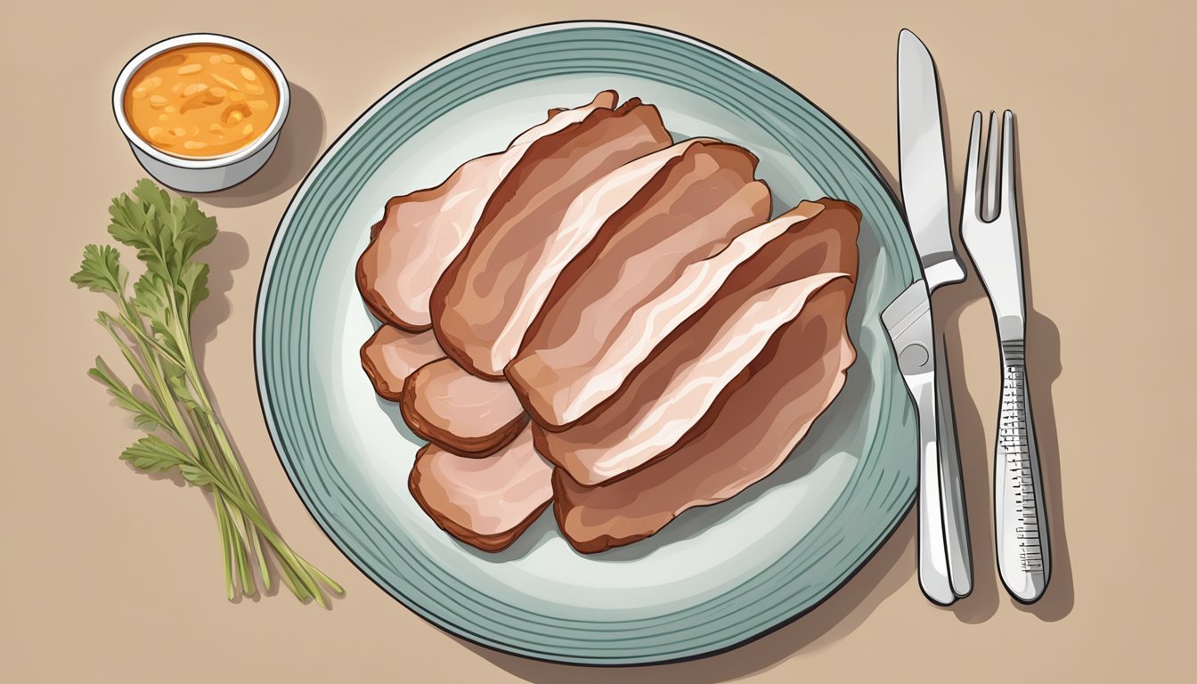 A plate of cooked turkey bacon with a measuring tape indicating portion size for a diabetic diet