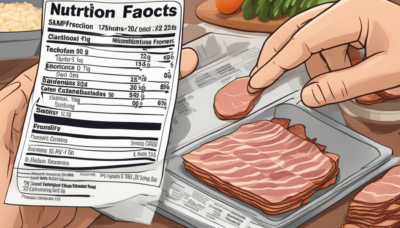 A person examining a food label on a package of turkey bacon, with a nutrition facts panel and ingredients list visible