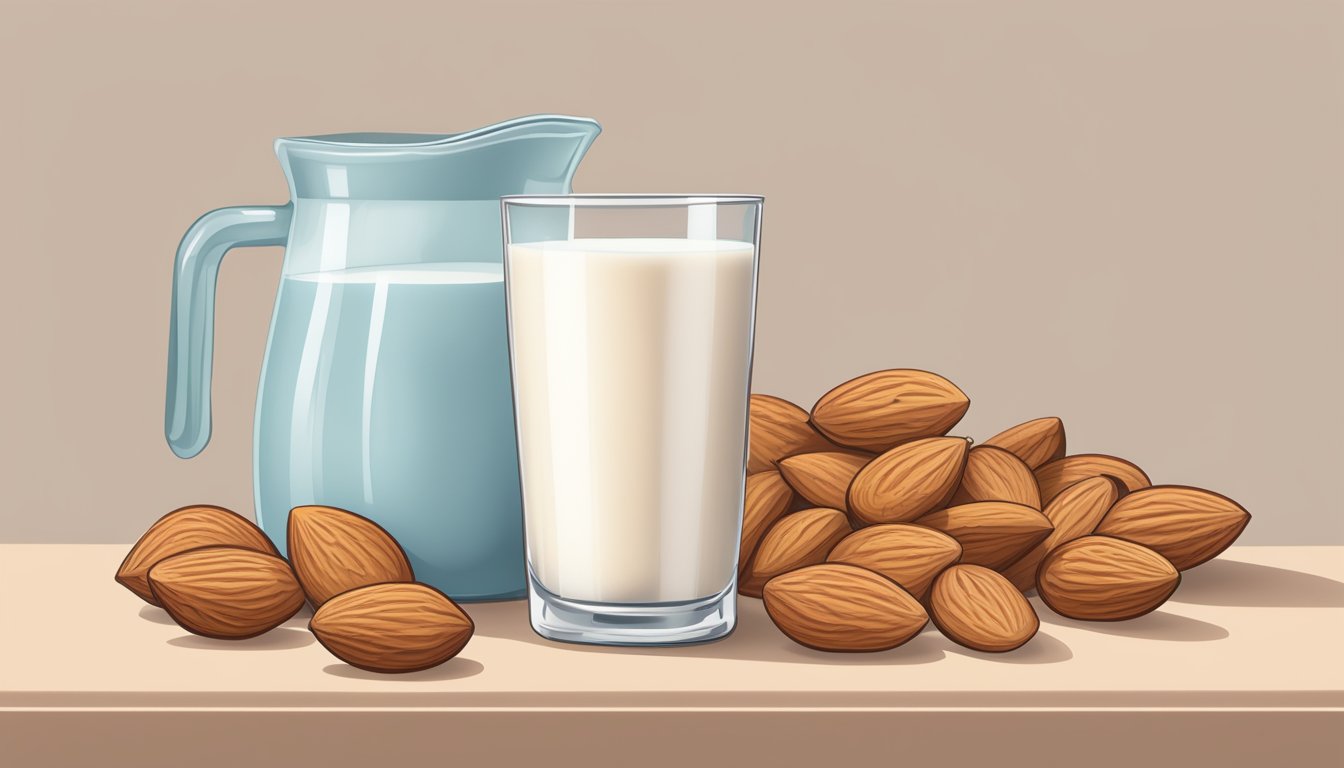 A glass of almond milk with a measuring cup next to it, indicating portion control for a diabetic