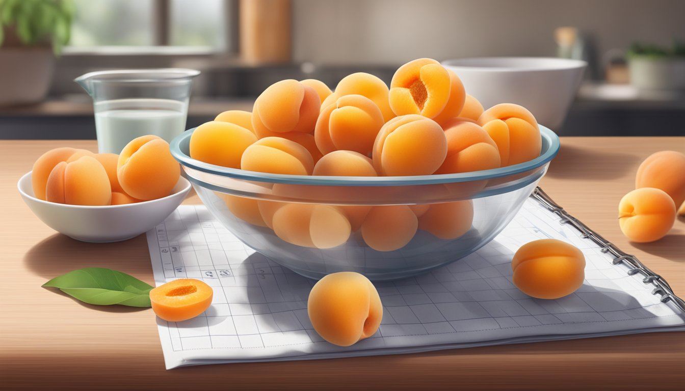 A bowl of apricots with a measuring cup next to it. A diabetic-friendly food guide in the background