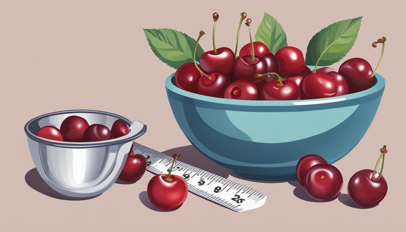 A bowl of cherries with a measuring cup next to it, indicating portion control for a diabetic