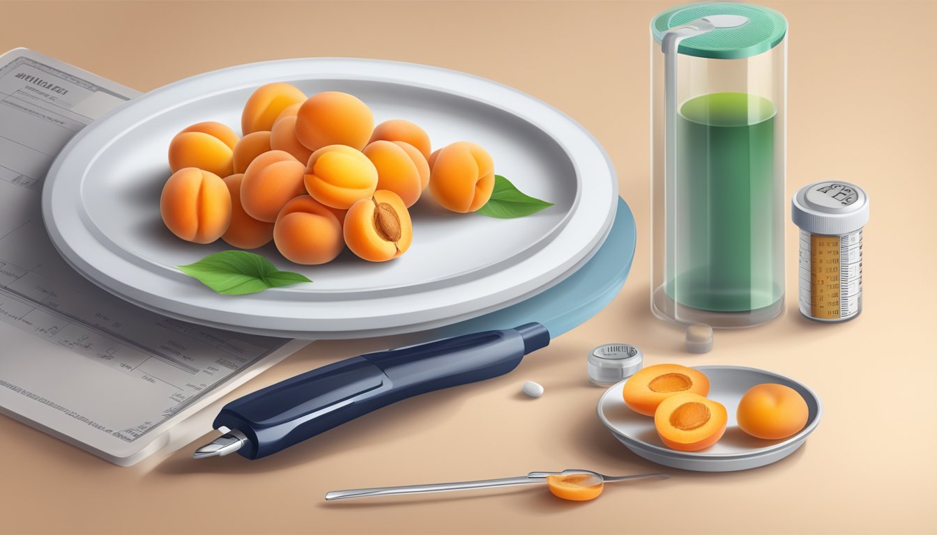 A plate with a measured portion of apricots next to a diabetic testing kit