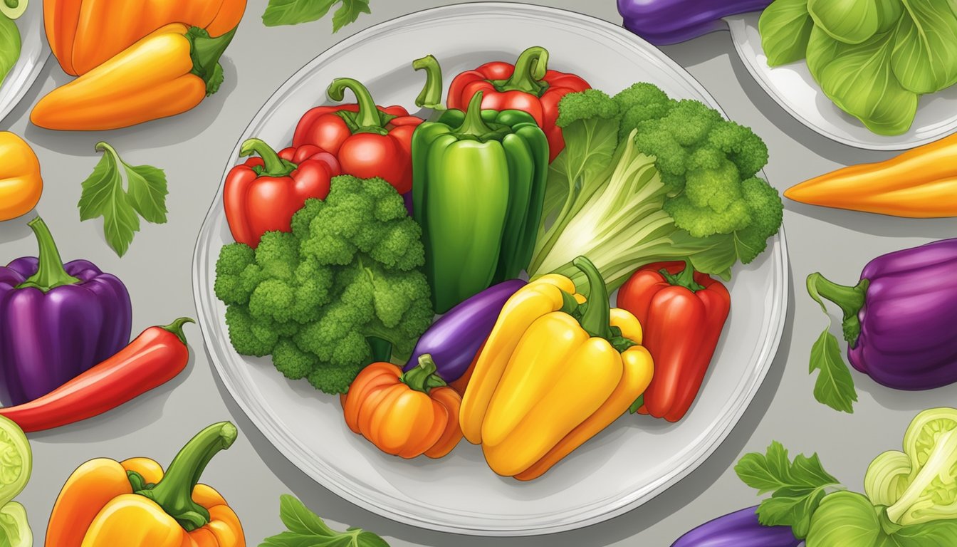 A plate with a variety of colorful vegetables, including bell peppers, arranged in a visually appealing manner