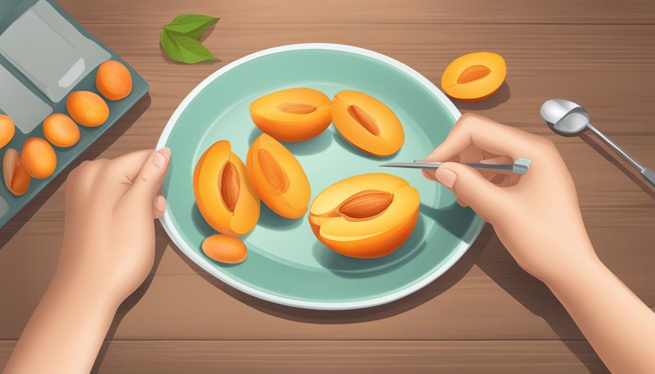 A diabetic measures out a portion of apricots on a plate